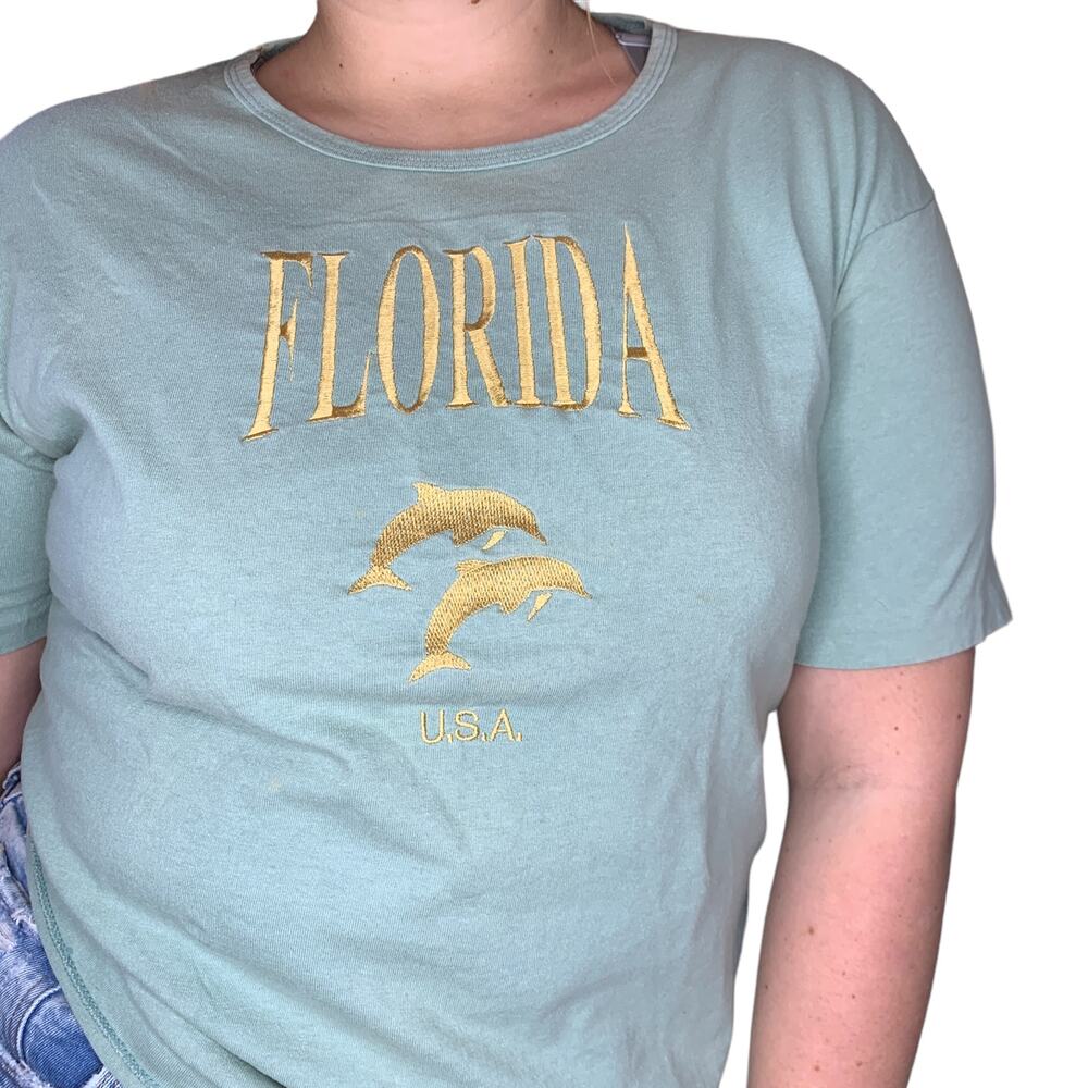 Vintage Sage Green Florida Dolphin Embroidered Singlestitch Shirt Tee